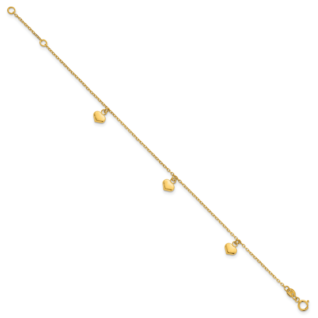 14k Polished Three Puffed Heart Dangle 6.5 inch Childrens Bracelet Plus 0.75 inch Extender