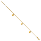 14k Polished Three Puffed Heart Dangle 6.5 inch Childrens Bracelet Plus 0.75 inch Extender