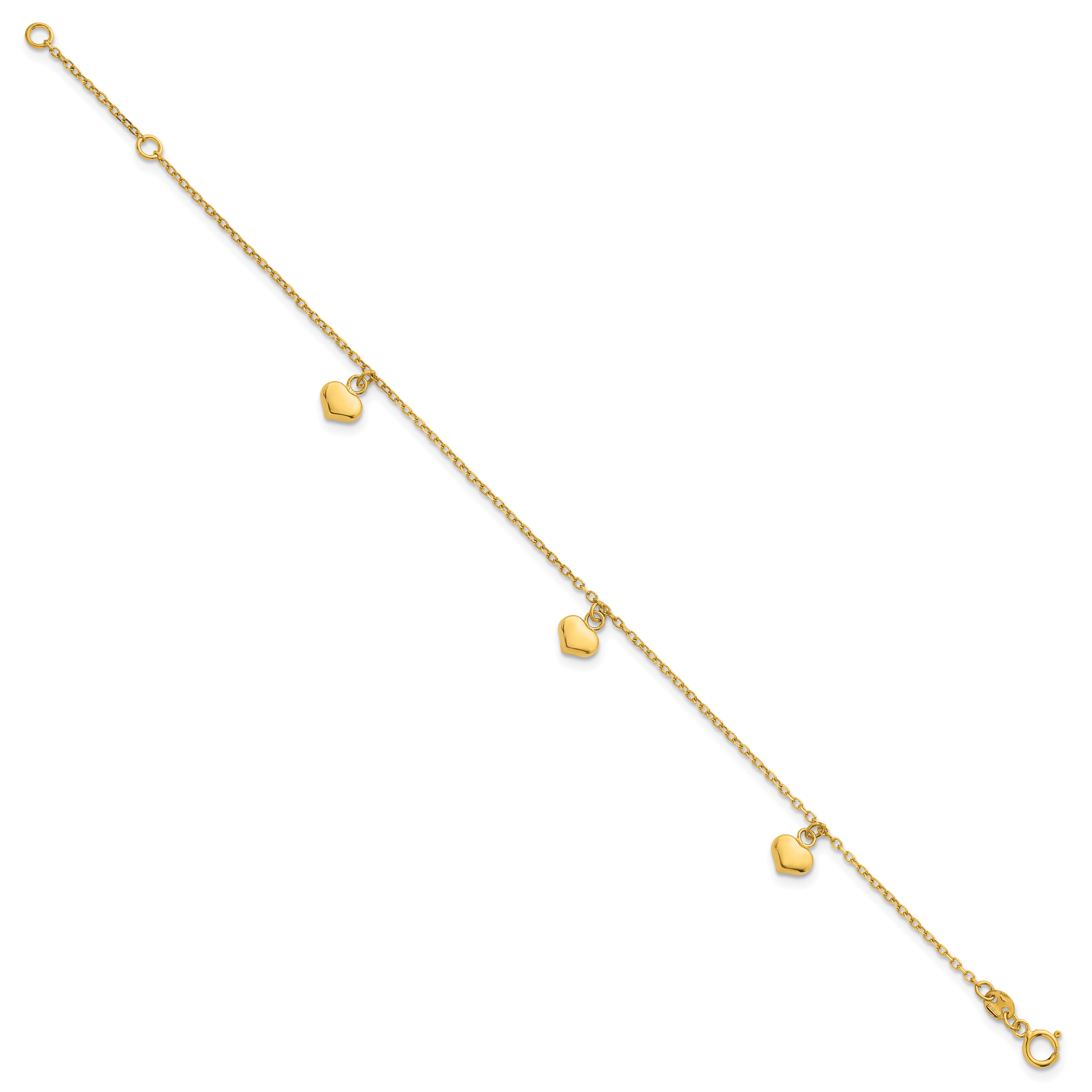 14k Polished Three Puffed Heart Dangle 6.5 inch Childrens Bracelet Plus 0.75 inch Extender