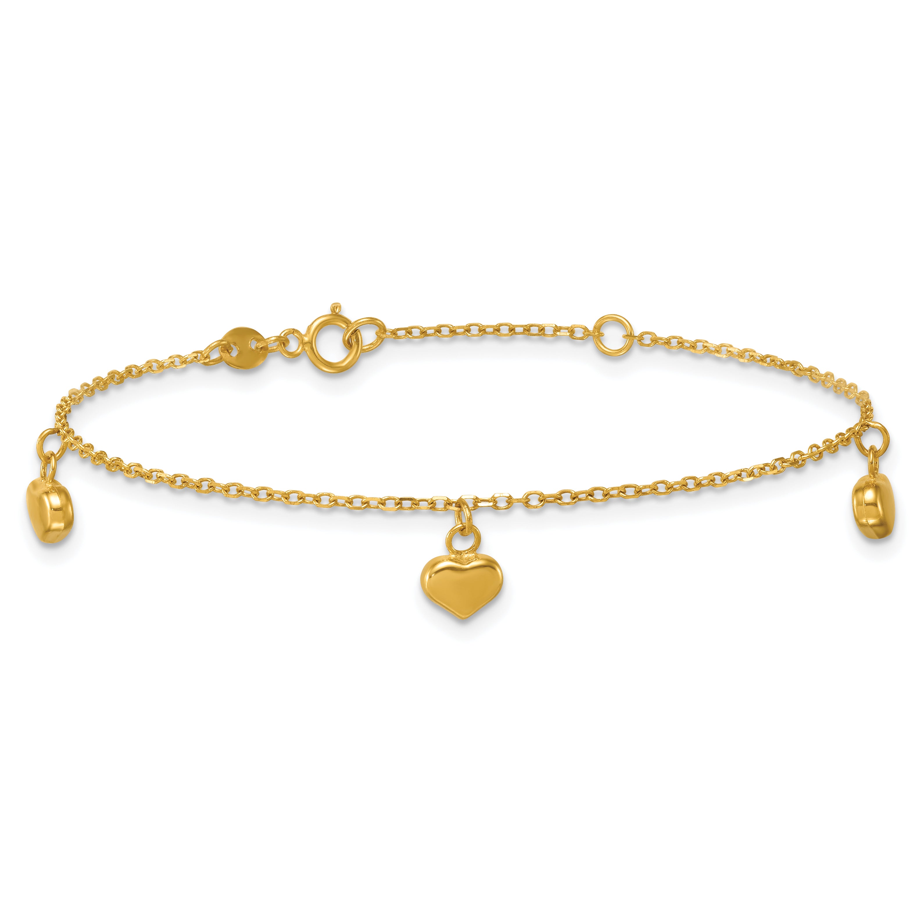 14k Polished Three Puffed Heart Dangle 6.5 inch Childrens Bracelet Plus 0.75 inch Extender