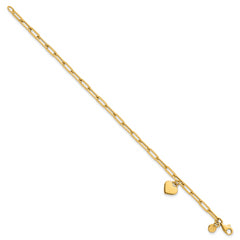 14k Polished Flat Dangle 9mm Heart Paperclip Link 7.25 inch Bracelet