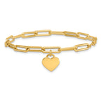 14k Polished Flat Dangle 11mm Heart Paperclip Link 7.5 inch Bracelet