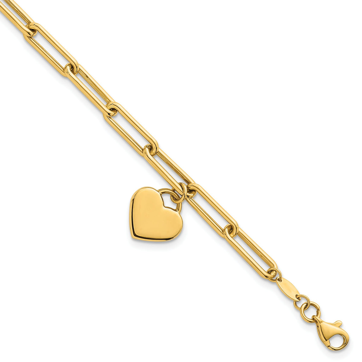 Dangle Heart Paperclip Link Bracelet in 14K Yellow Gold, 7.5 Inch - Sophia Jewelers Main image