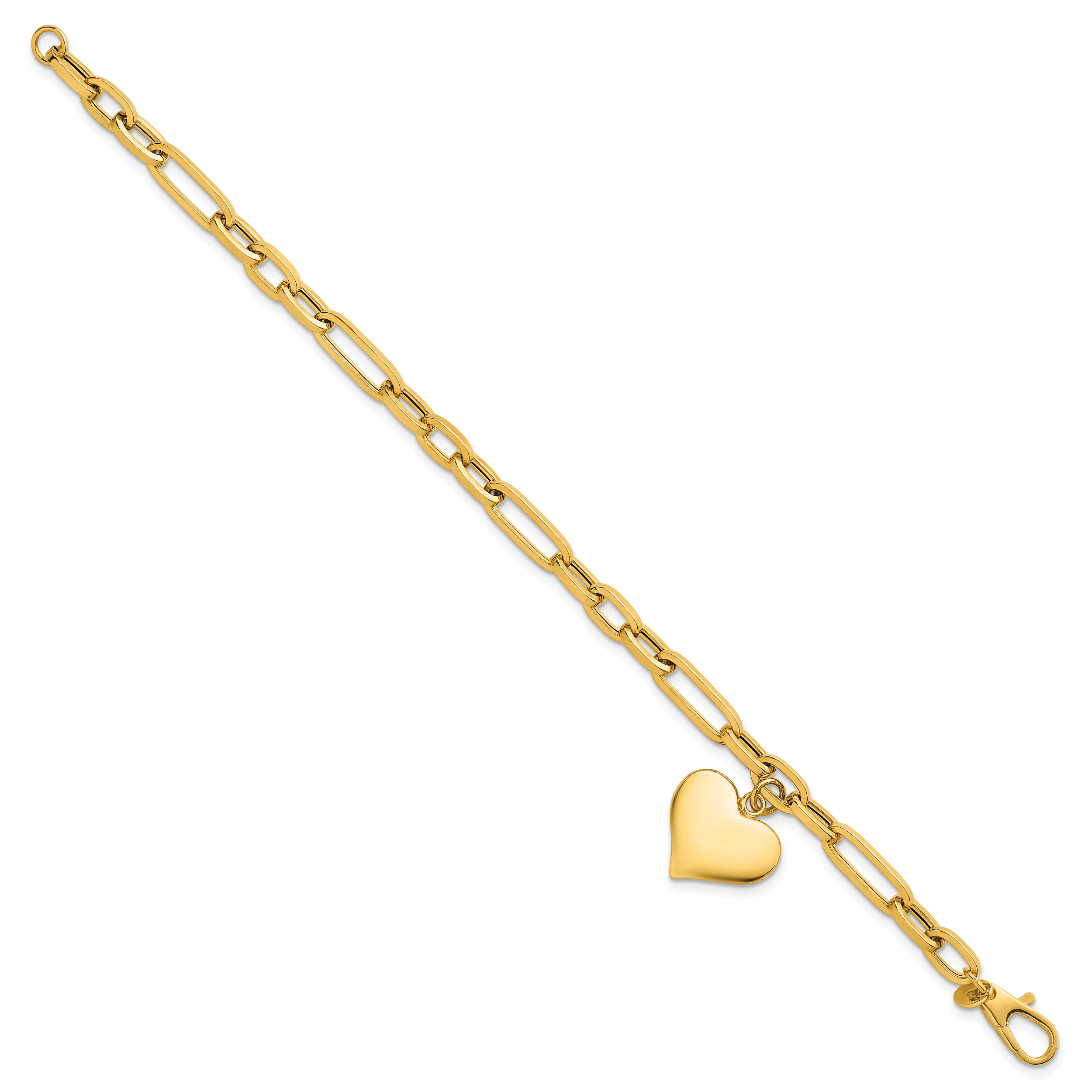 14k Polished Paperclip Figaro Link With Puffed Heart Dangle 7.5 inch Bracelet Secondary image
