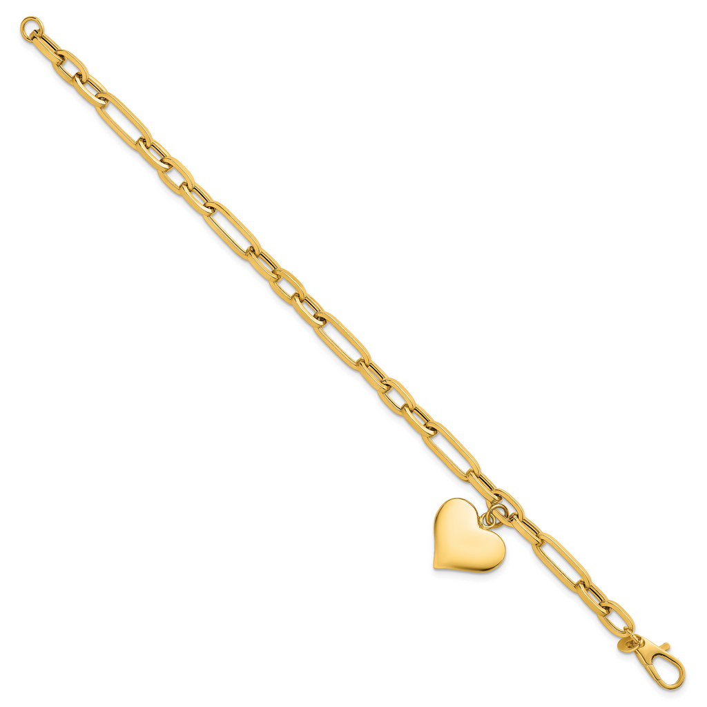 14k Polished Paperclip Figaro Link With Puffed Heart Dangle 7.5 inch Bracelet