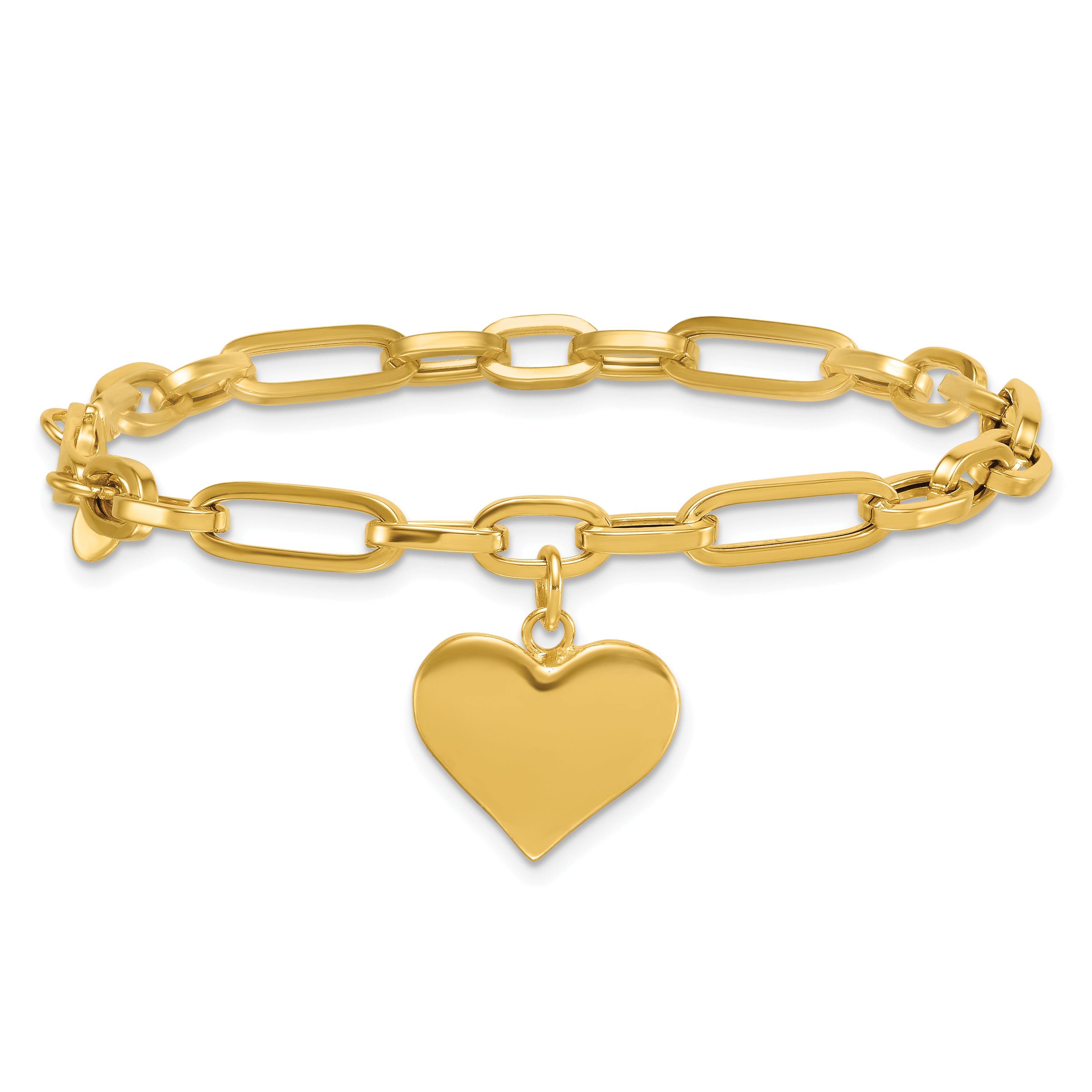 14k Polished Paperclip Figaro Link With Puffed Heart Dangle 7.5 inch Bracelet