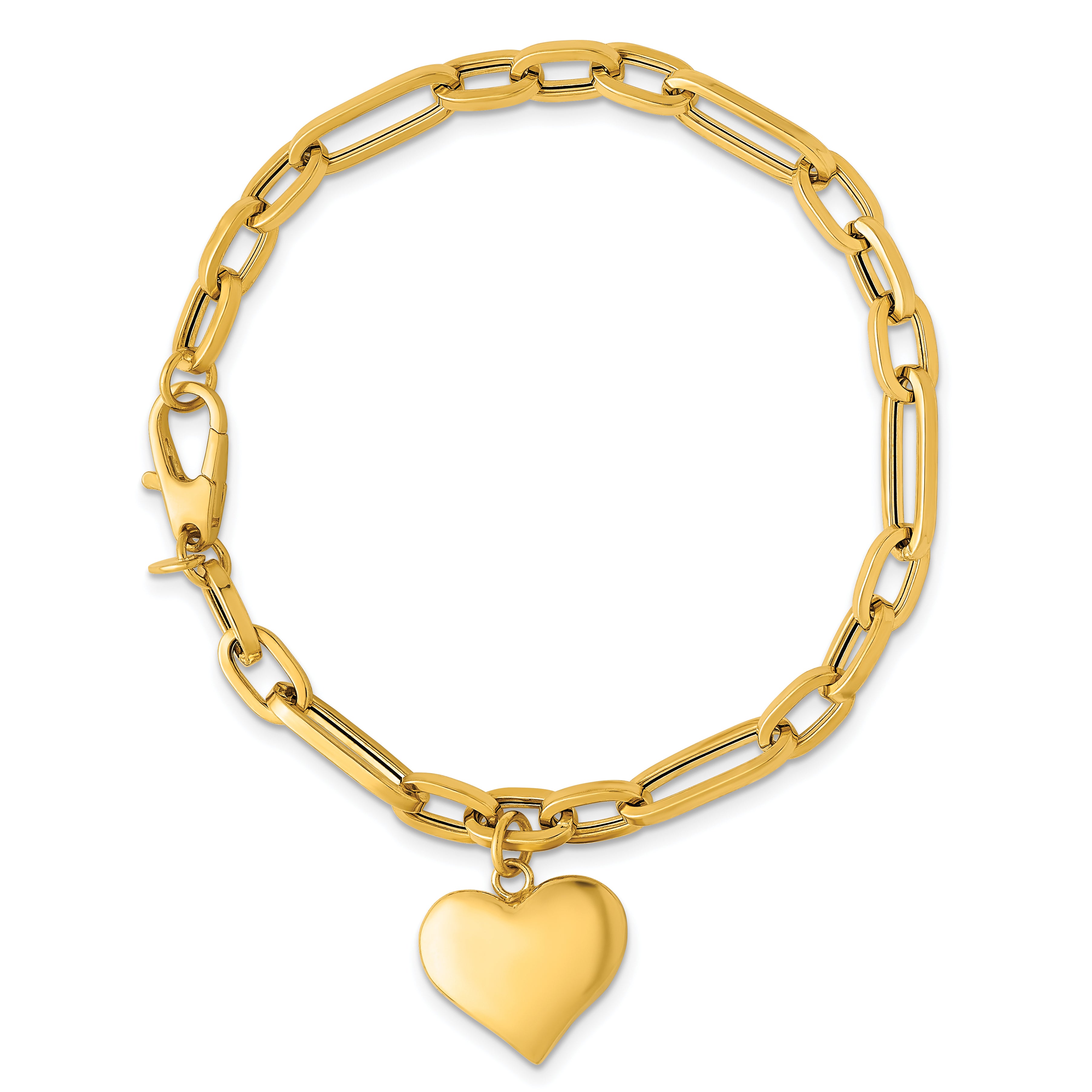 14k Polished Paperclip Figaro Link With Puffed Heart Dangle 7.5 inch Bracelet