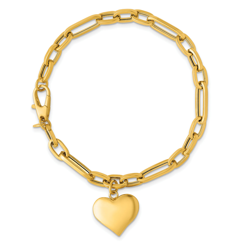 14k Polished Paperclip Figaro Link With Puffed Heart Dangle 7.5 inch Bracelet