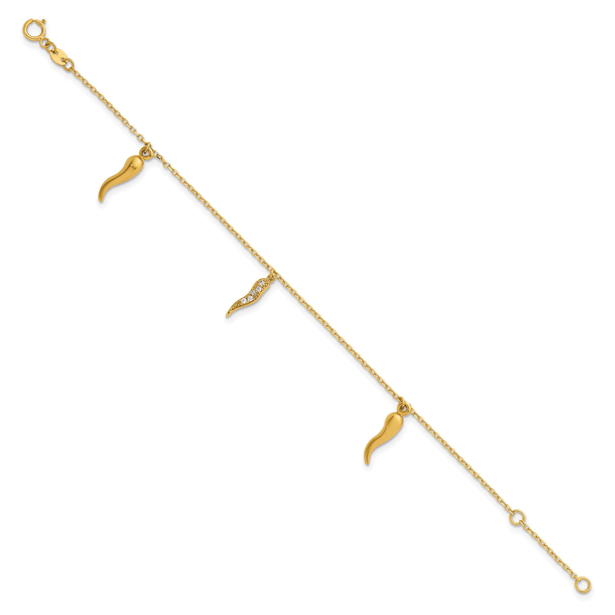 14k Polished CZ Three Italian Horn Dangles 5.75 inch Childrens Bracelet Plus 0.75 inch Extender