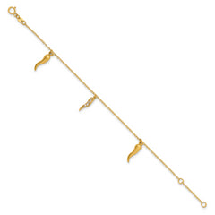 14k Polished CZ Three Italian Horn Dangles 5.75 inch Childrens Bracelet Plus 0.75 inch Extender