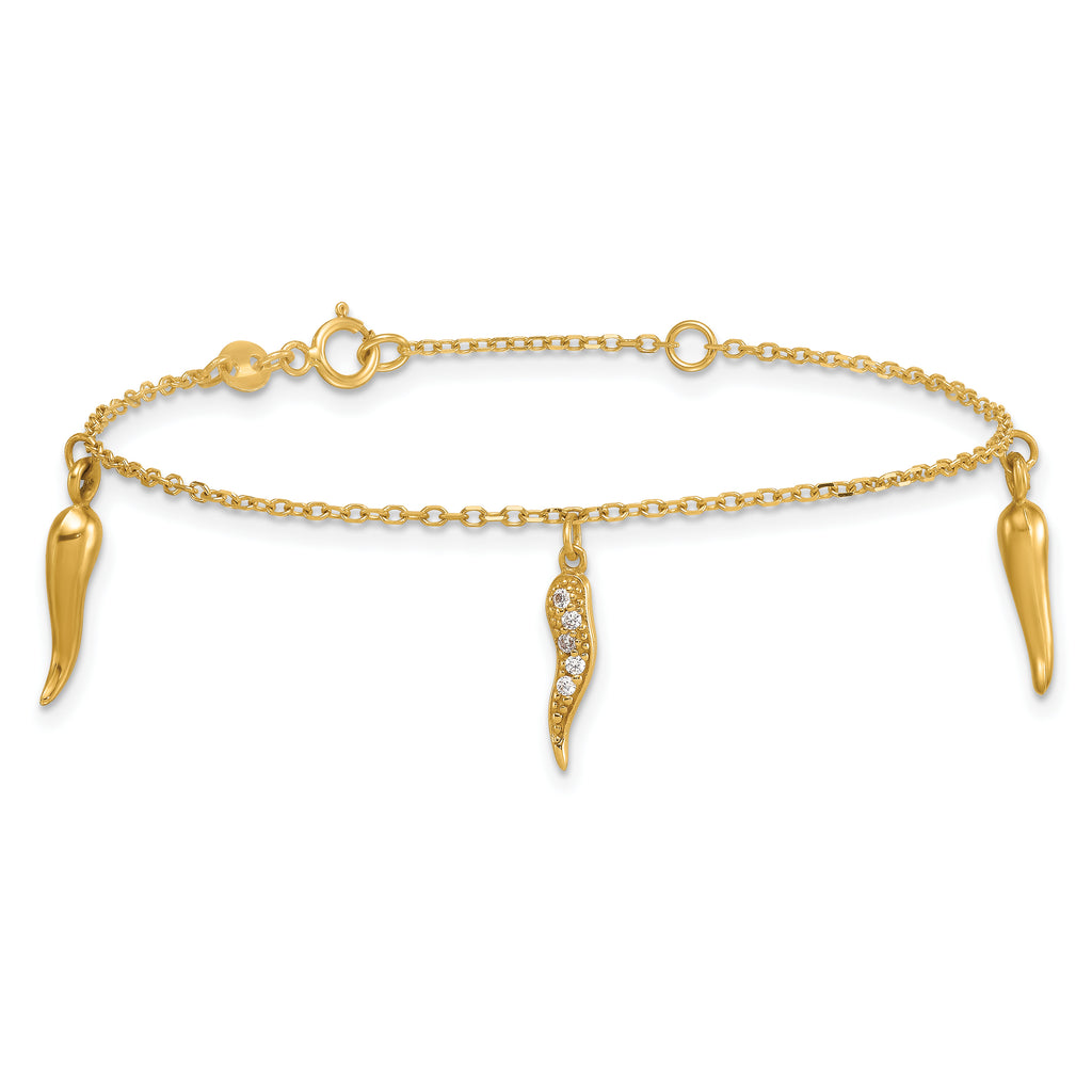 14k Polished CZ Three Italian Horn Dangles 5.75 inch Childrens Bracelet Plus 0.75 inch Extender