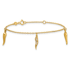 14k Polished CZ Three Italian Horn Dangles 5.75 inch Childrens Bracelet Plus 0.75 inch Extender