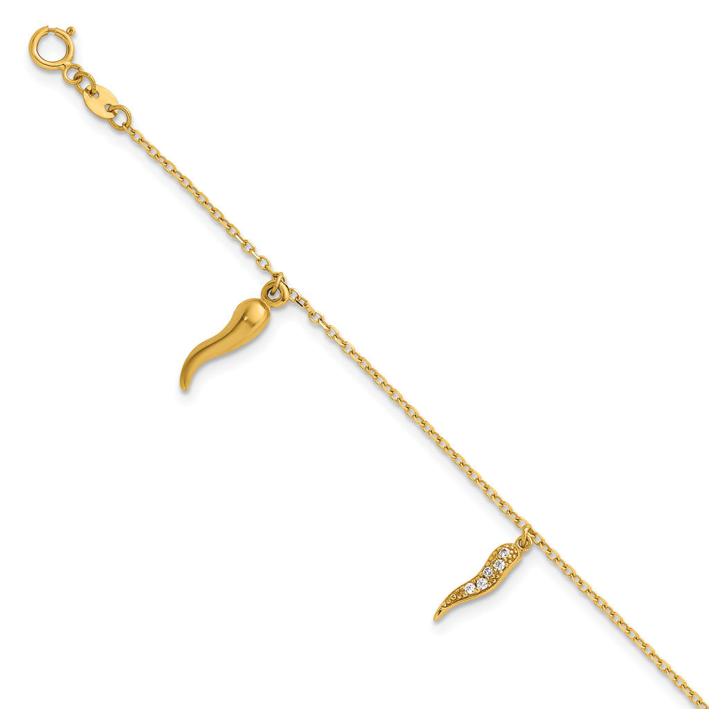 14k Polished CZ Three Italian Horn Dangles 5.75 inch Childrens Bracelet Plus 0.75 inch Extender