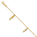 14k Polished CZ Three Italian Horn Dangles 5.75 inch Childrens Bracelet Plus 0.75 inch Extender