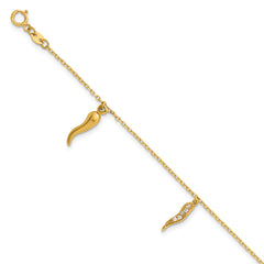 14k Polished CZ Three Italian Horn Dangles 5.75 inch Childrens Bracelet Plus 0.75 inch Extender
