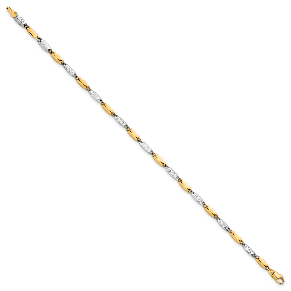 14k Two-tone Polished and Textured Fancy Marquise-shaped Link 7.5 inch Bracelet