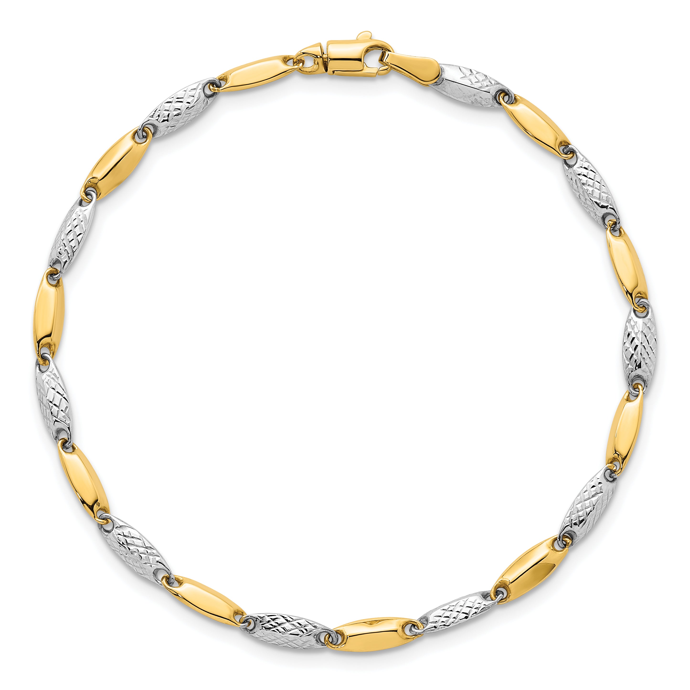 14k Two-tone Polished and Textured Fancy Marquise-shaped Link 7.5 inch Bracelet