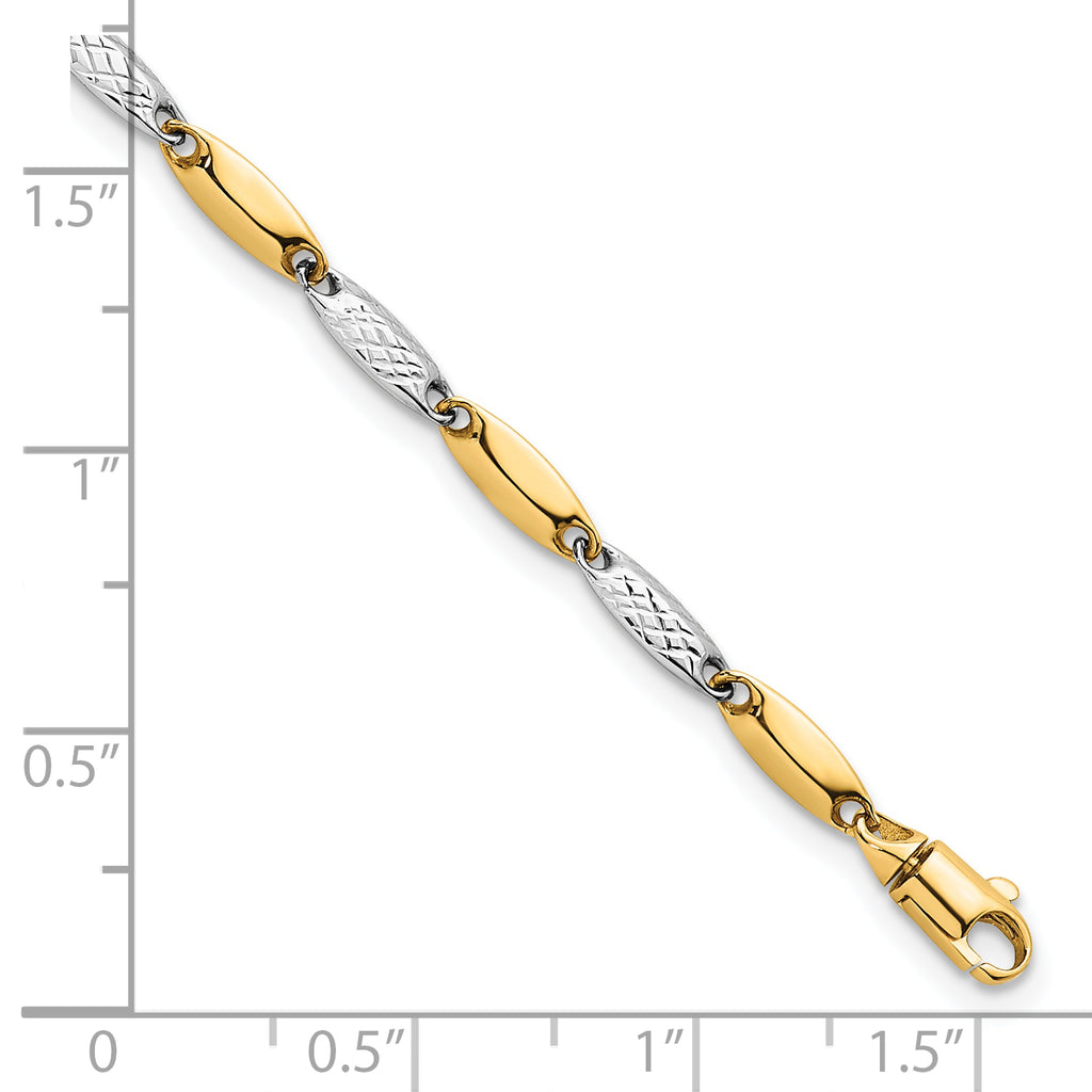 14k Two-tone Polished and Textured Fancy Marquise-shaped Link 7.5 inch Bracelet