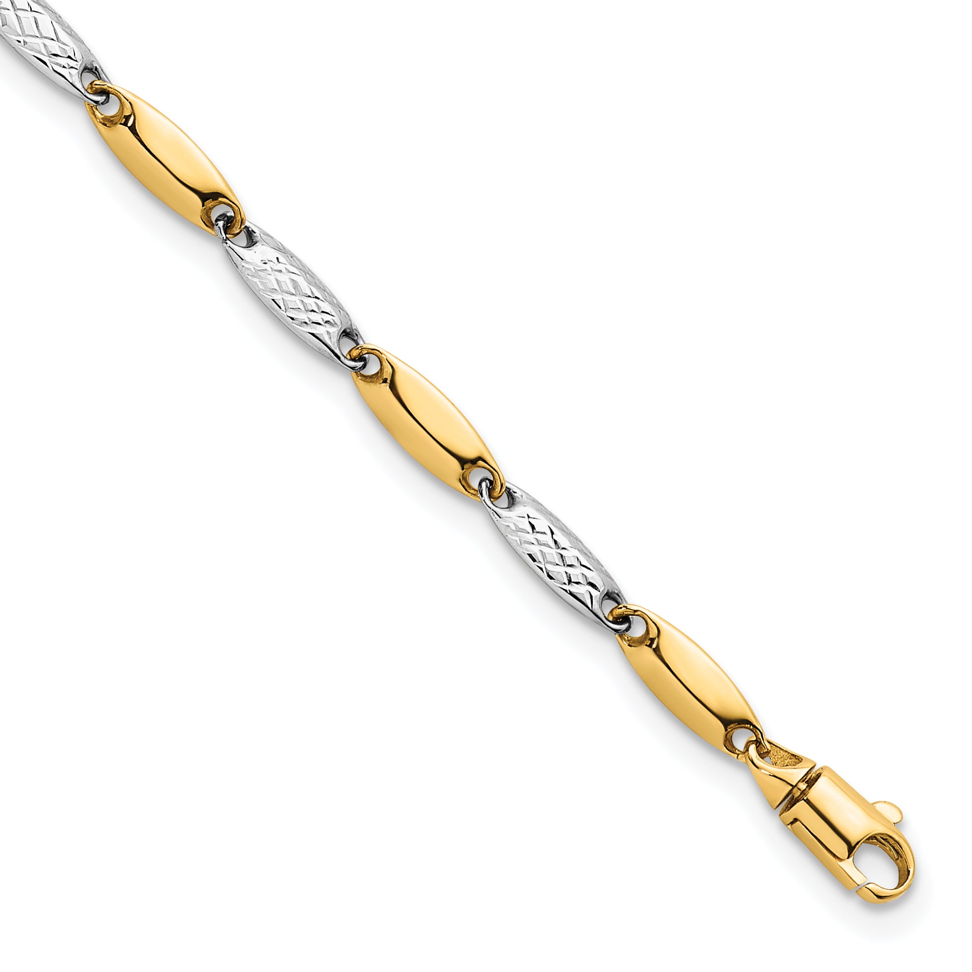 14k Two-tone Polished and Textured Fancy Marquise-shaped Link 7.5 inch Bracelet Main image