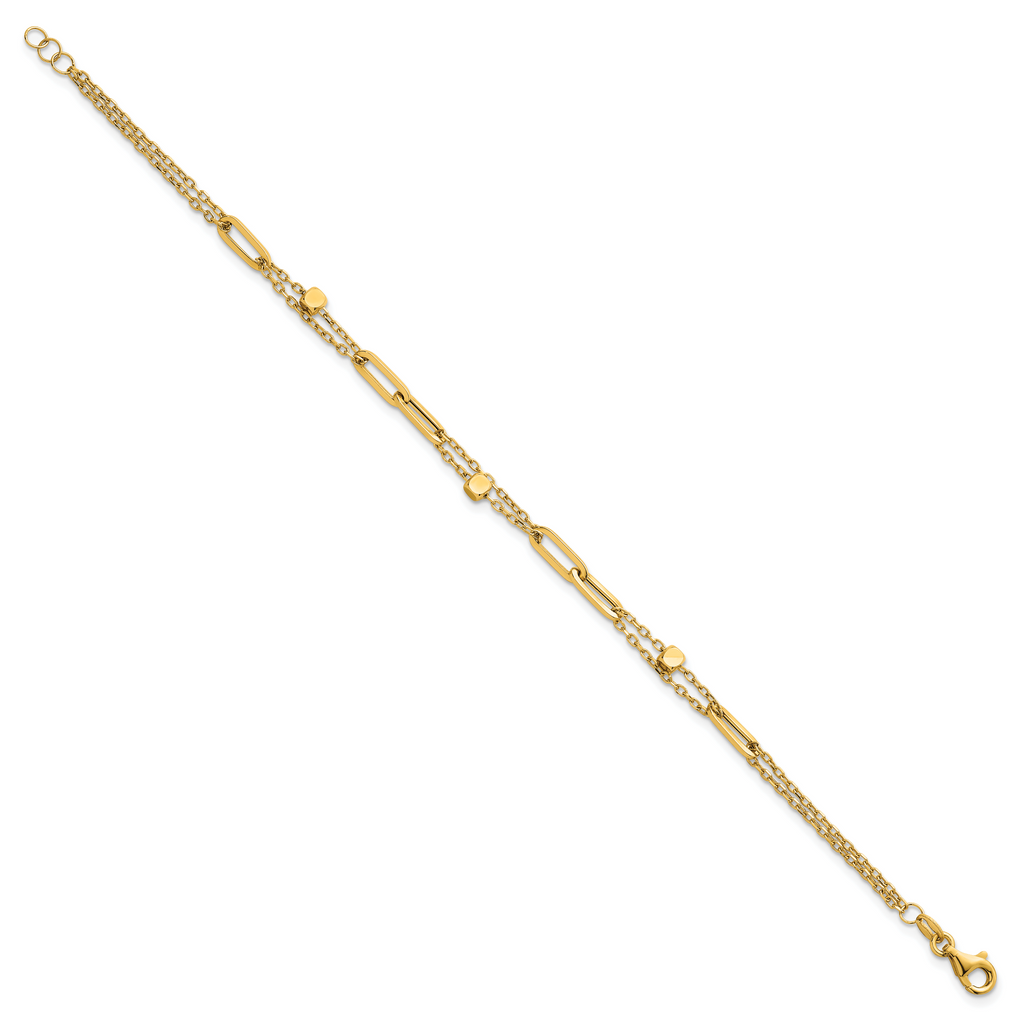 14K Polished and Beaded 2-Strand with Fancy Paperclip Link 7.5 Inch Bracelet