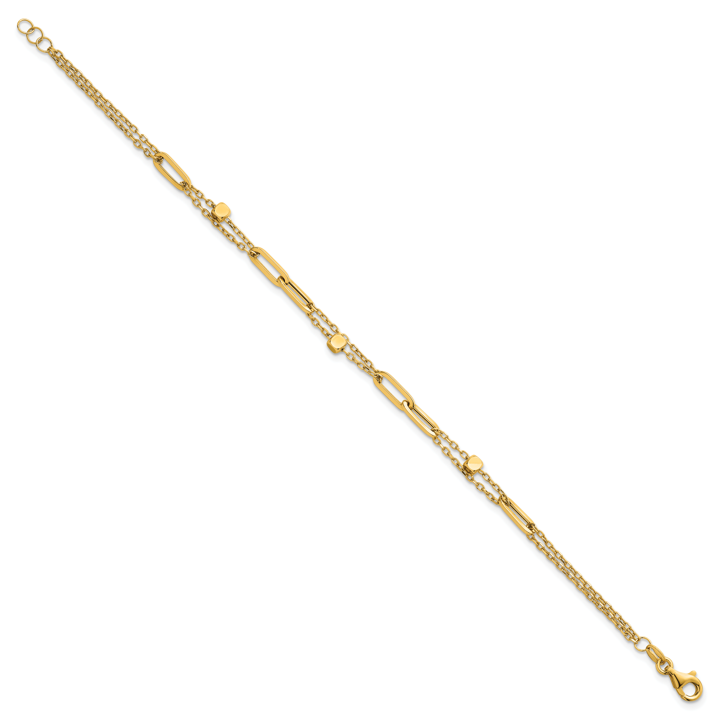 14K Polished and Beaded 2-Strand with Fancy Paperclip Link 7.5 Inch Bracelet