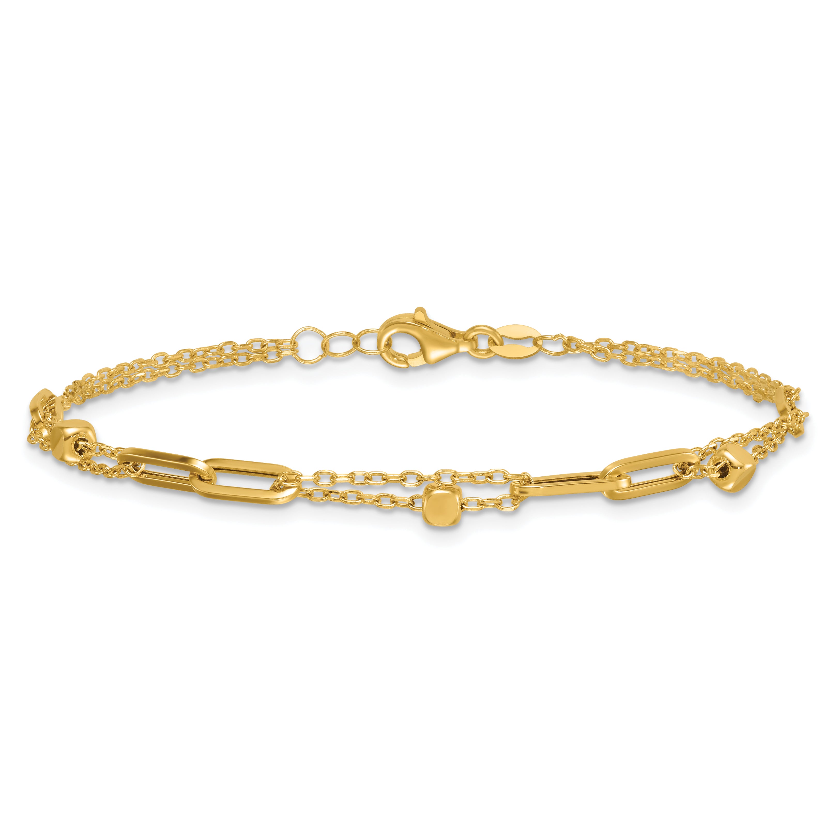 14K Polished and Beaded 2-Strand with Fancy Paperclip Link 7.5 Inch Bracelet