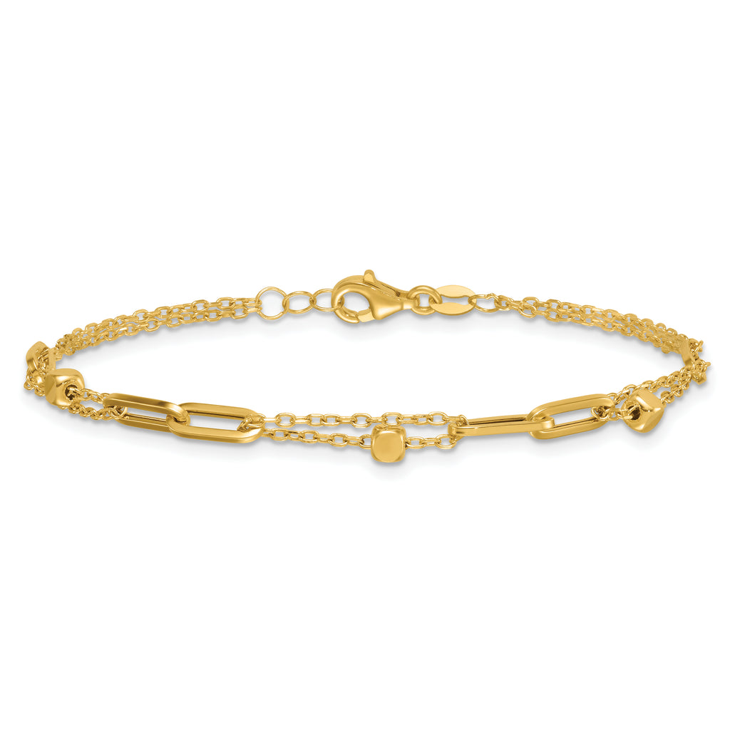 14K Polished and Beaded 2-Strand with Fancy Paperclip Link 7.5 Inch Bracelet