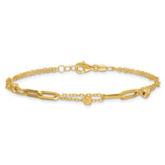 14K Polished and Beaded 2-Strand with Fancy Paperclip Link 7.5 Inch Bracelet