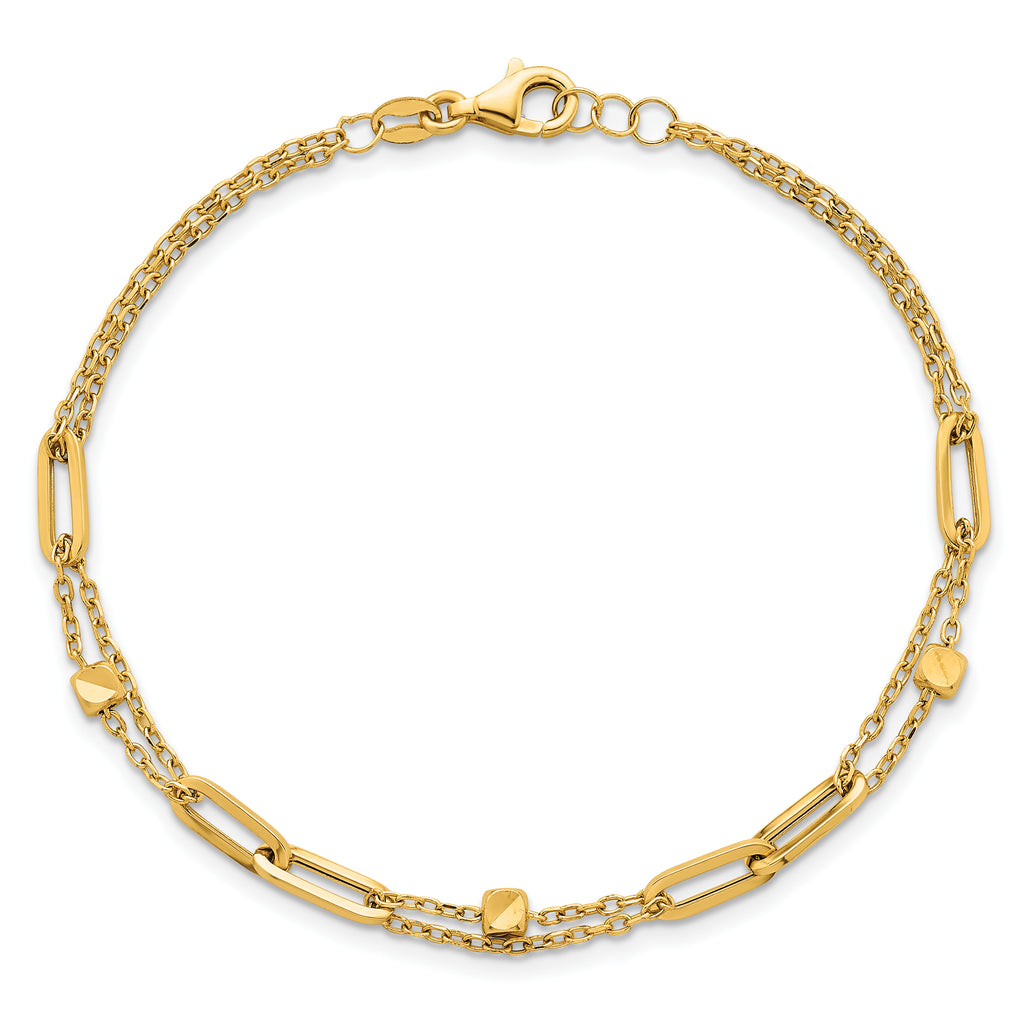 14K Polished and Beaded 2-Strand with Fancy Paperclip Link 7.5 Inch Bracelet