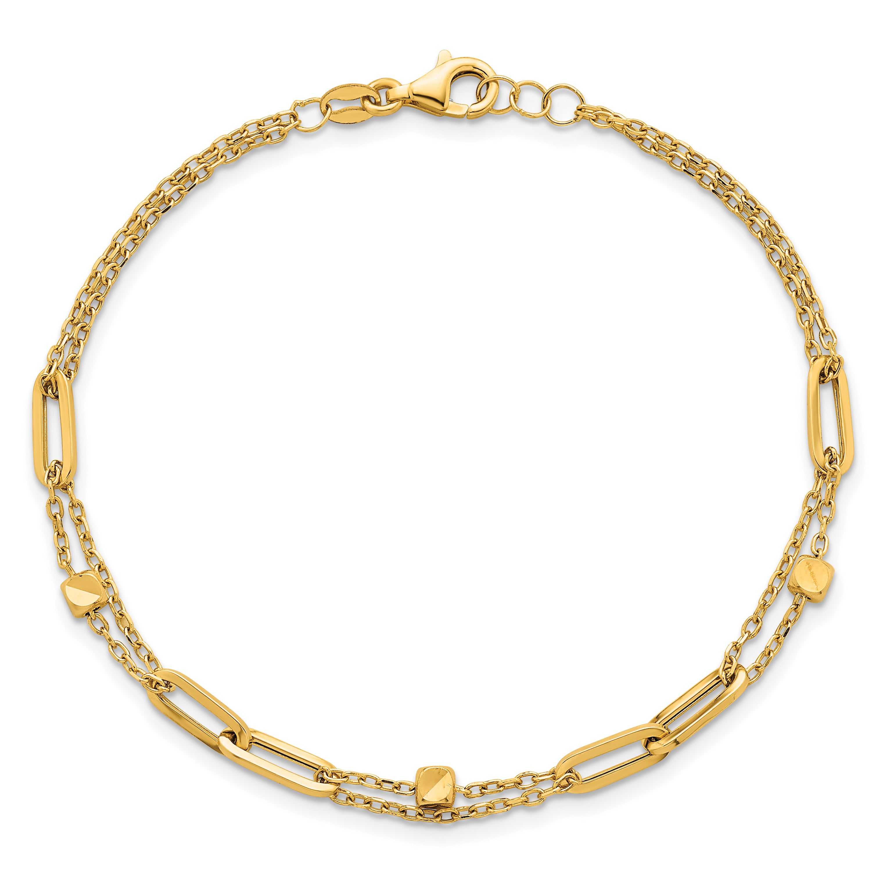 14K Polished and Beaded 2-Strand with Fancy Paperclip Link 7.5 Inch Bracelet