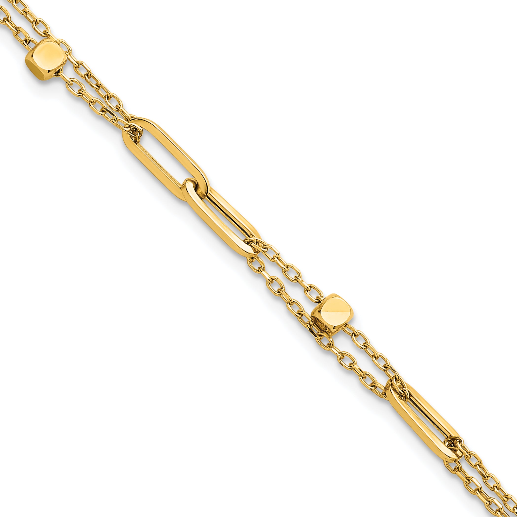 14K Polished and Beaded 2-Strand with Fancy Paperclip Link 7.5 Inch Bracelet