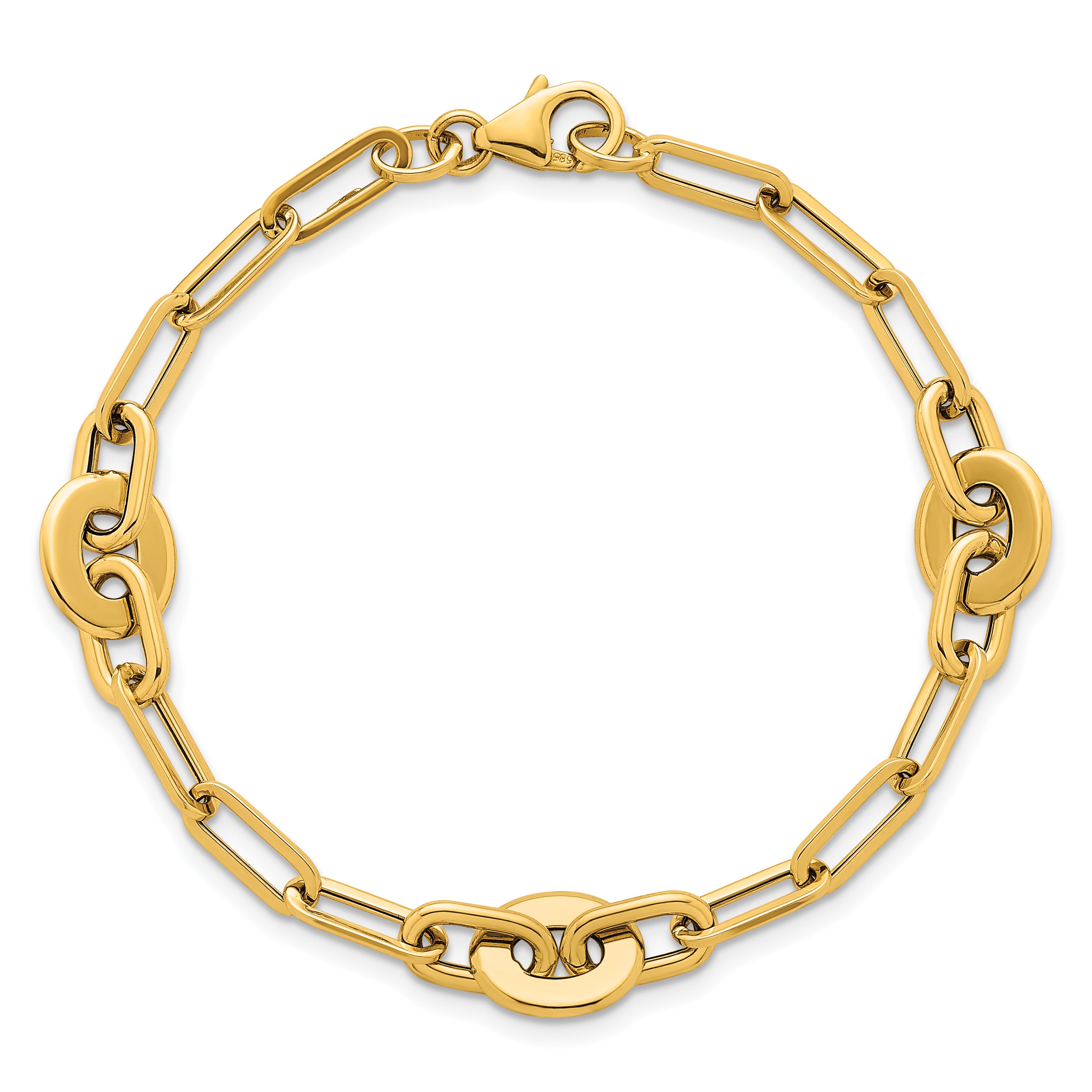 14K Polished Flat Oval and Paperclip Link 7.25 Inch Bracelet
