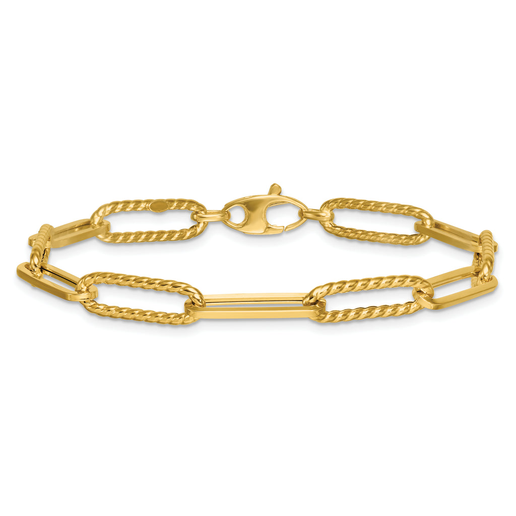 14k Polished and Twisted 6.4mm Paperclip Link 7.5 inch Bracelet