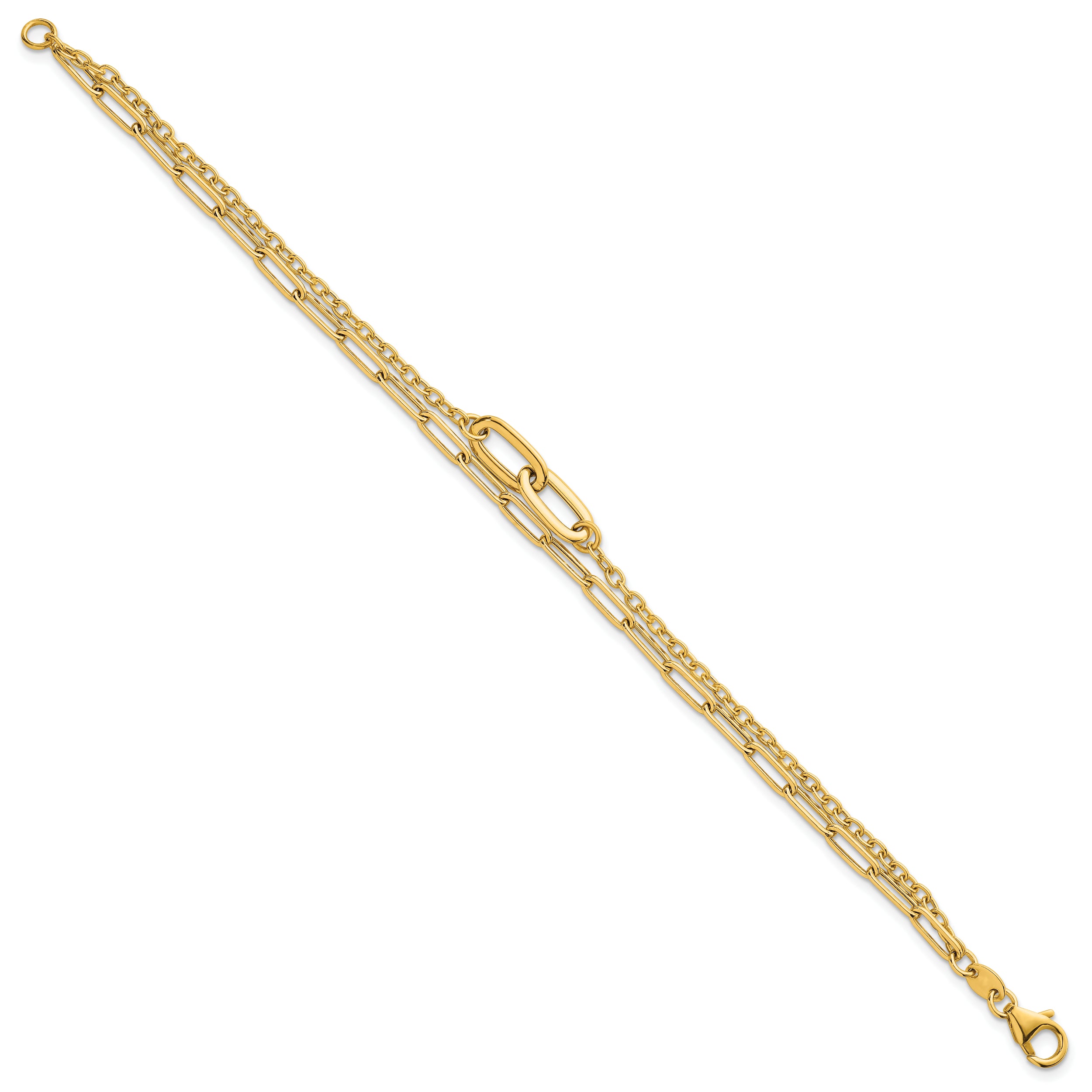 14k Polished Paperclip and Oval Cable Link Double Strand 7.5 inch Bracelet
