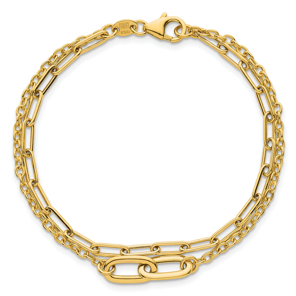 14k Polished Paperclip and Oval Cable Link Double Strand 7.5 inch Bracelet
