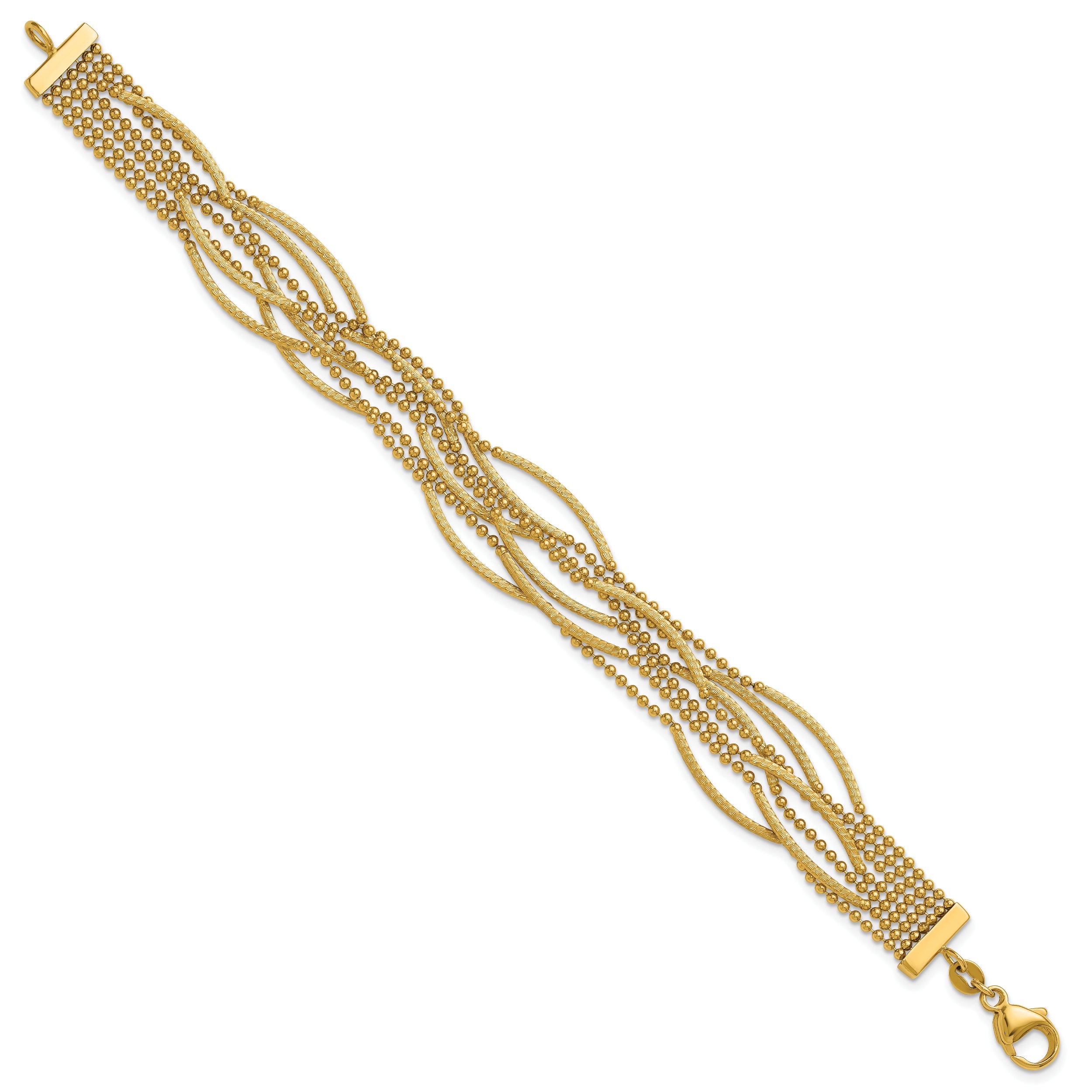 14k Polished and Textured Multi Strand Beaded 7.25 inch Bracelet