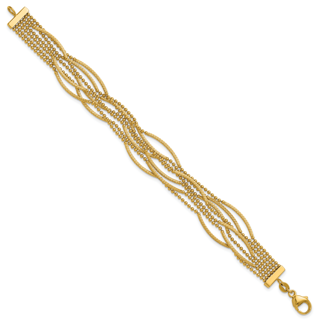 14k Polished and Textured Multi Strand Beaded 7.25 inch Bracelet