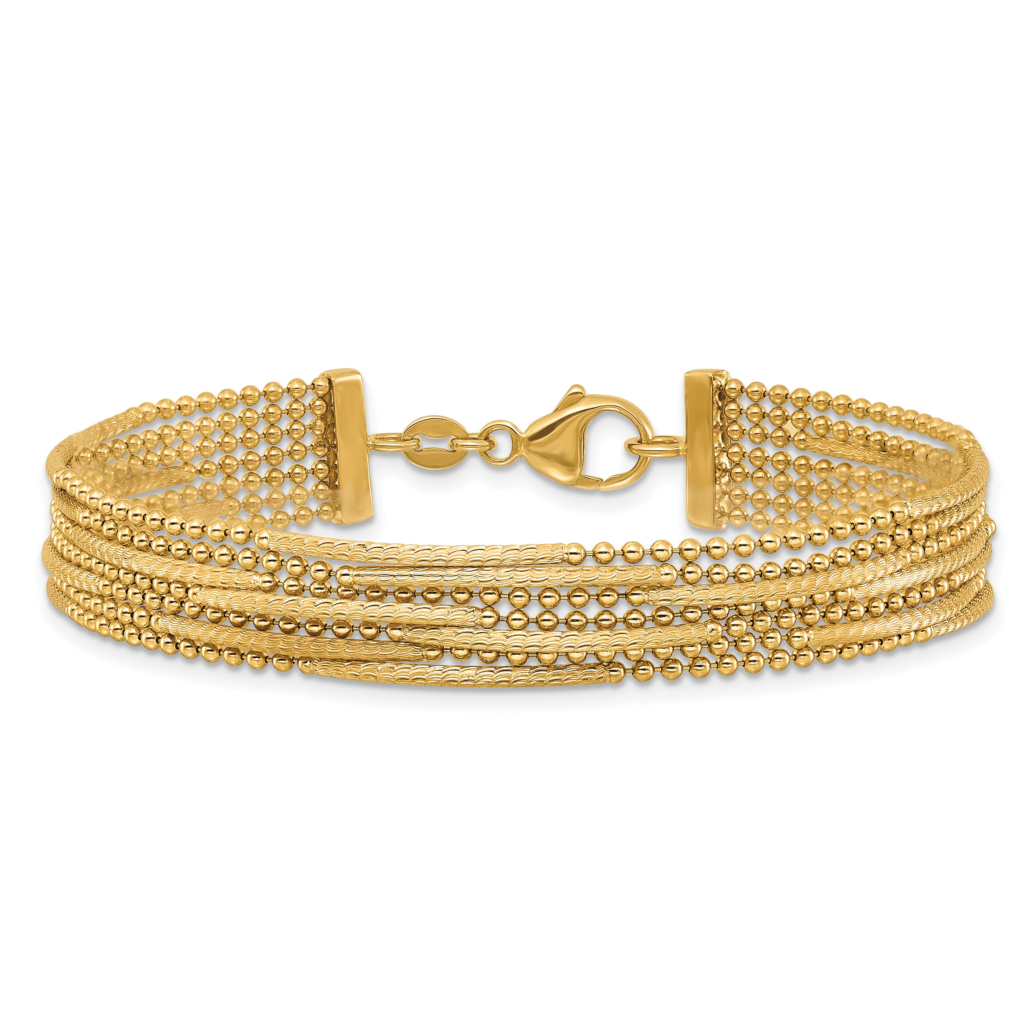 14k Polished and Textured Multi Strand Beaded 7.25 inch Bracelet
