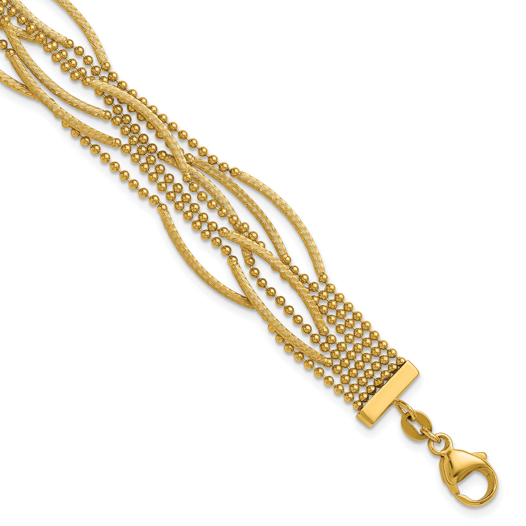 14k Polished and Textured Multi Strand Beaded 7.25 inch Bracelet