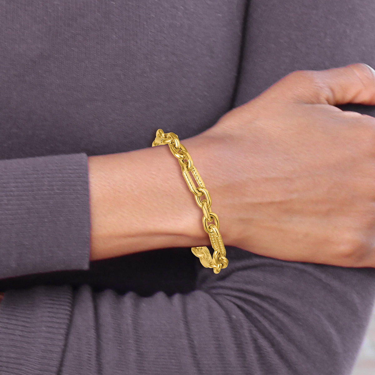 Fancy Figaro Link Bracelet in 14K Yellow Gold, 8.85mm, 7.5 Inch - Sophia Jewelers