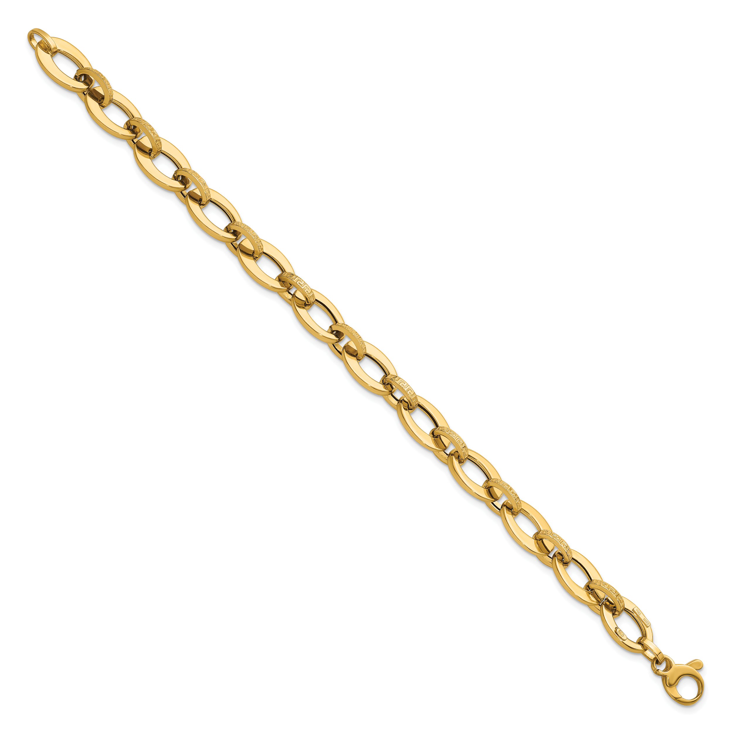 14K Polished and Textured Greek Key Etched 10mm Fancy Oval Link 7.75 inch Bracelet Secondary image