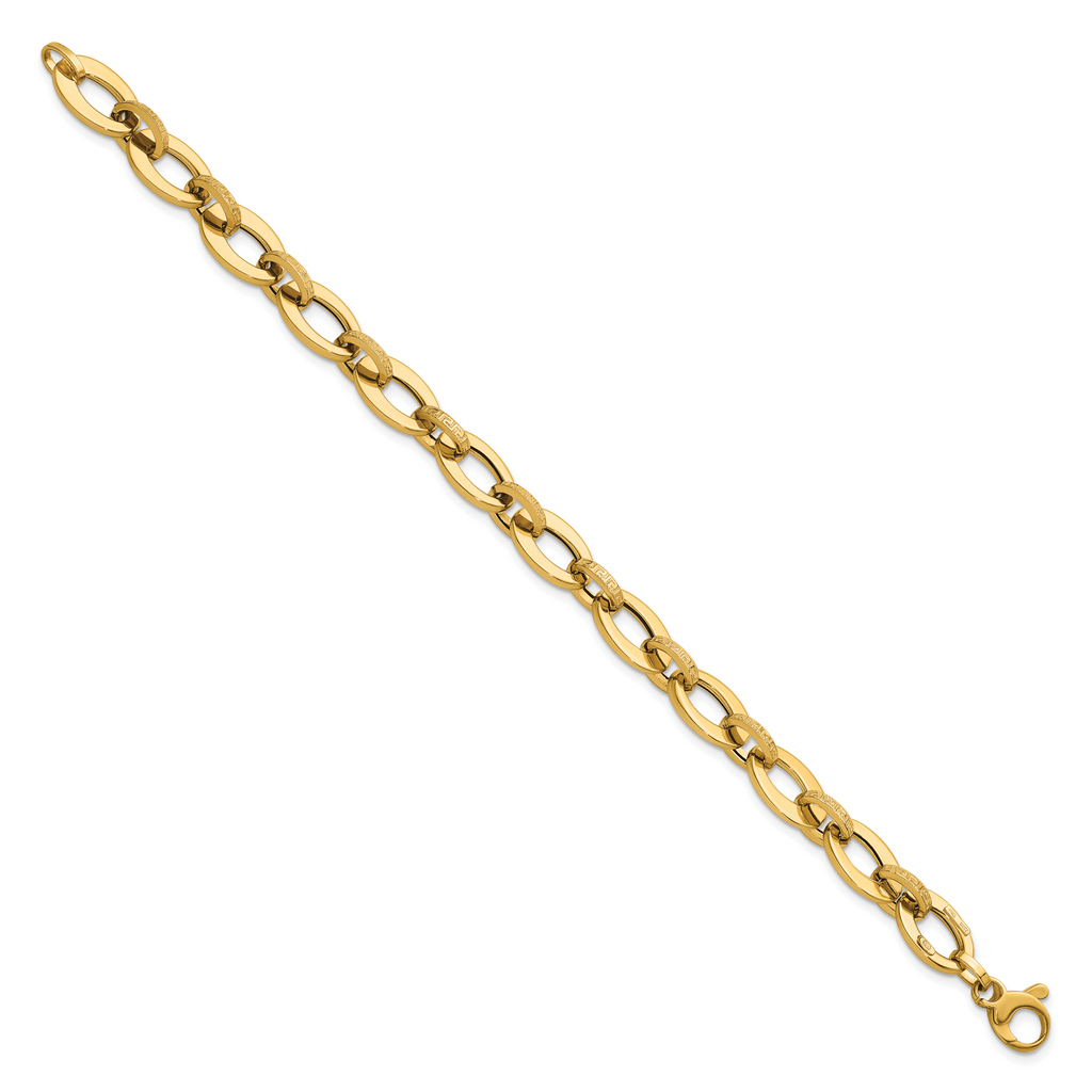 14K Polished and Textured Greek Key Etched 10mm Fancy Oval Link 7.75 inch Bracelet