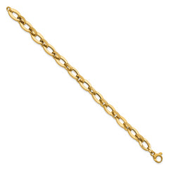 14K Polished and Textured Greek Key Etched 10mm Fancy Oval Link 7.75 inch Bracelet