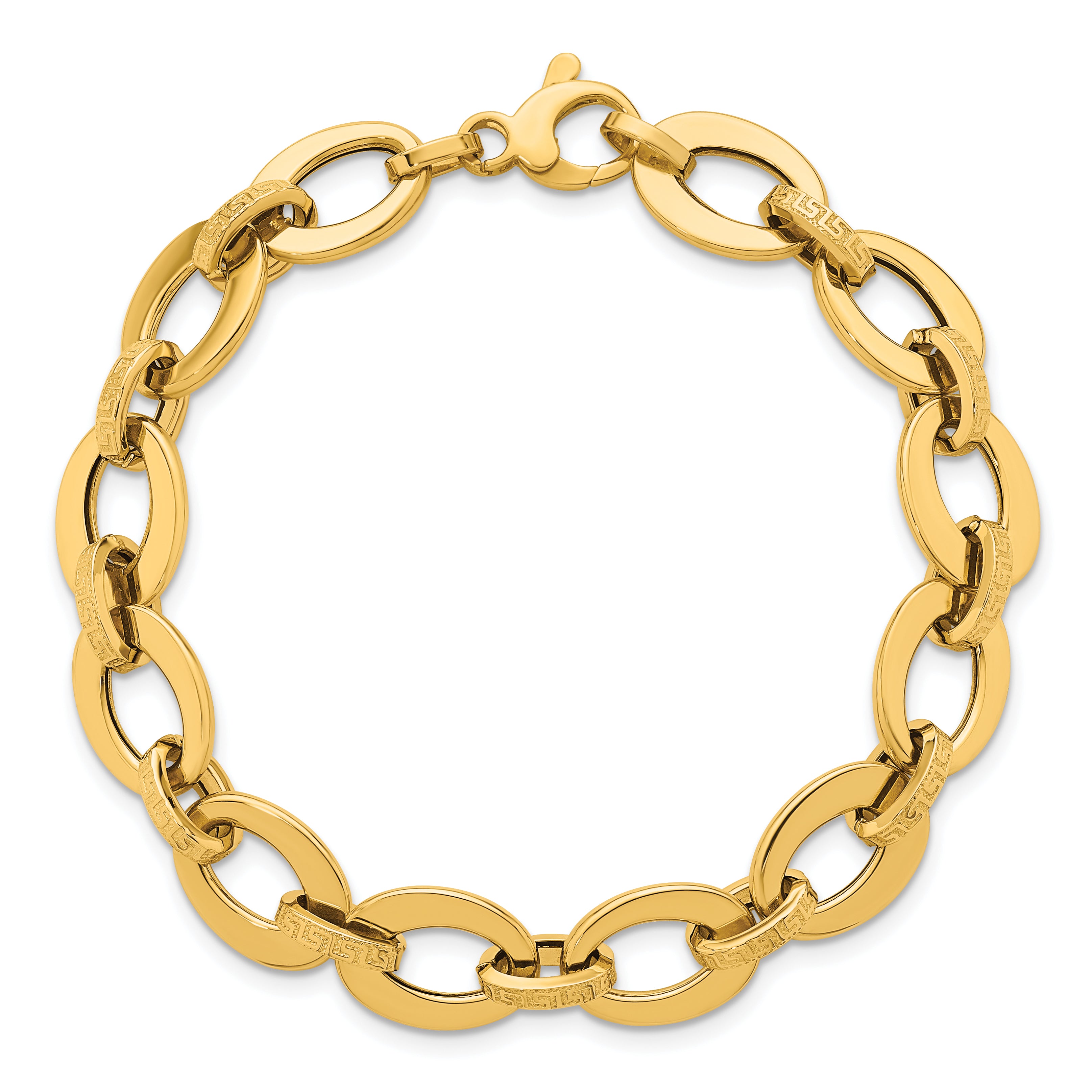 14K Polished and Textured Greek Key Etched 10mm Fancy Oval Link 7.75 inch Bracelet