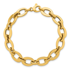 14K Polished and Textured Greek Key Etched 10mm Fancy Oval Link 7.75 inch Bracelet