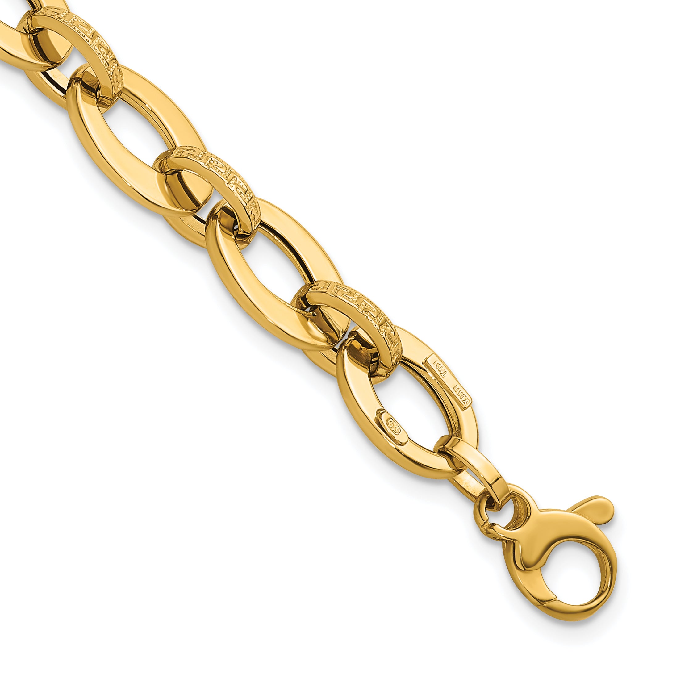14K Polished and Textured Greek Key Etched 10mm Fancy Oval Link 7.75 inch Bracelet Main image
