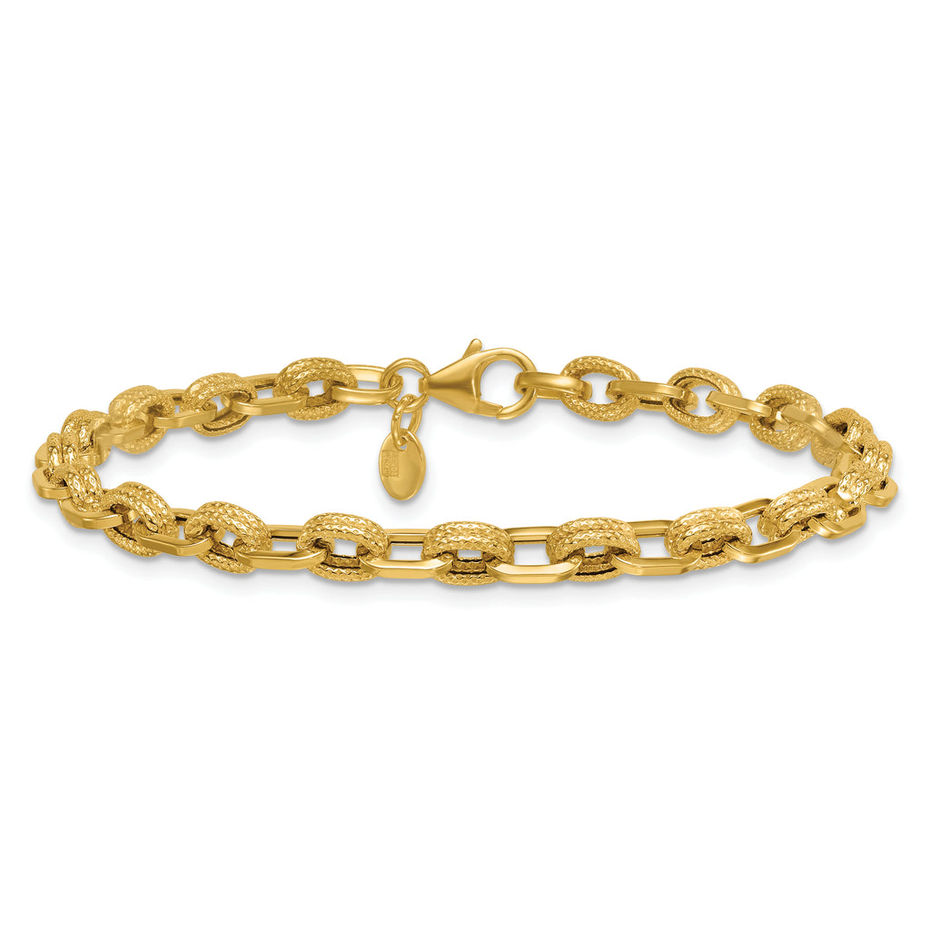 14k Polished and Textured 4.9mm Fancy Cable Link 7.5 inch Bracelet