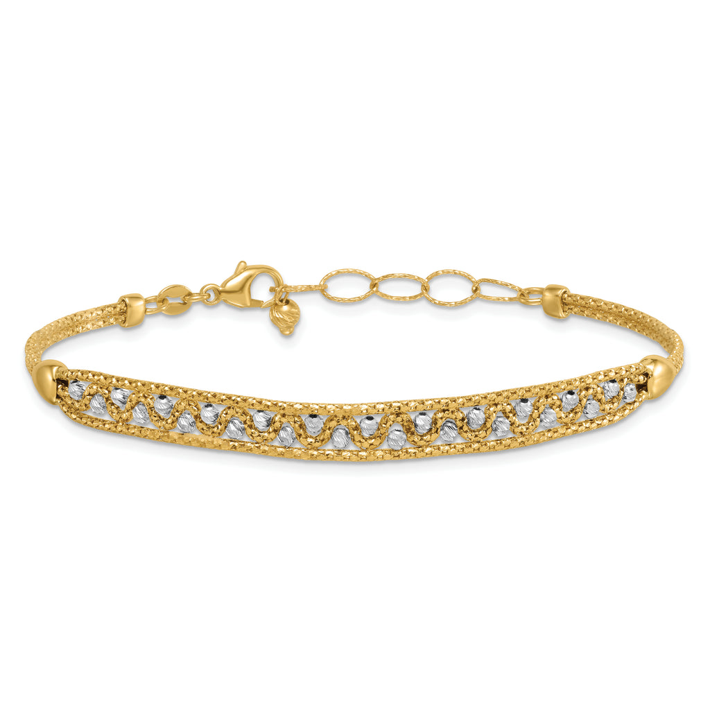 14k Two-Tone Textured Diamond-cut 7mm Beaded 7.5 inch Bracelet Plus 1 inch Extender