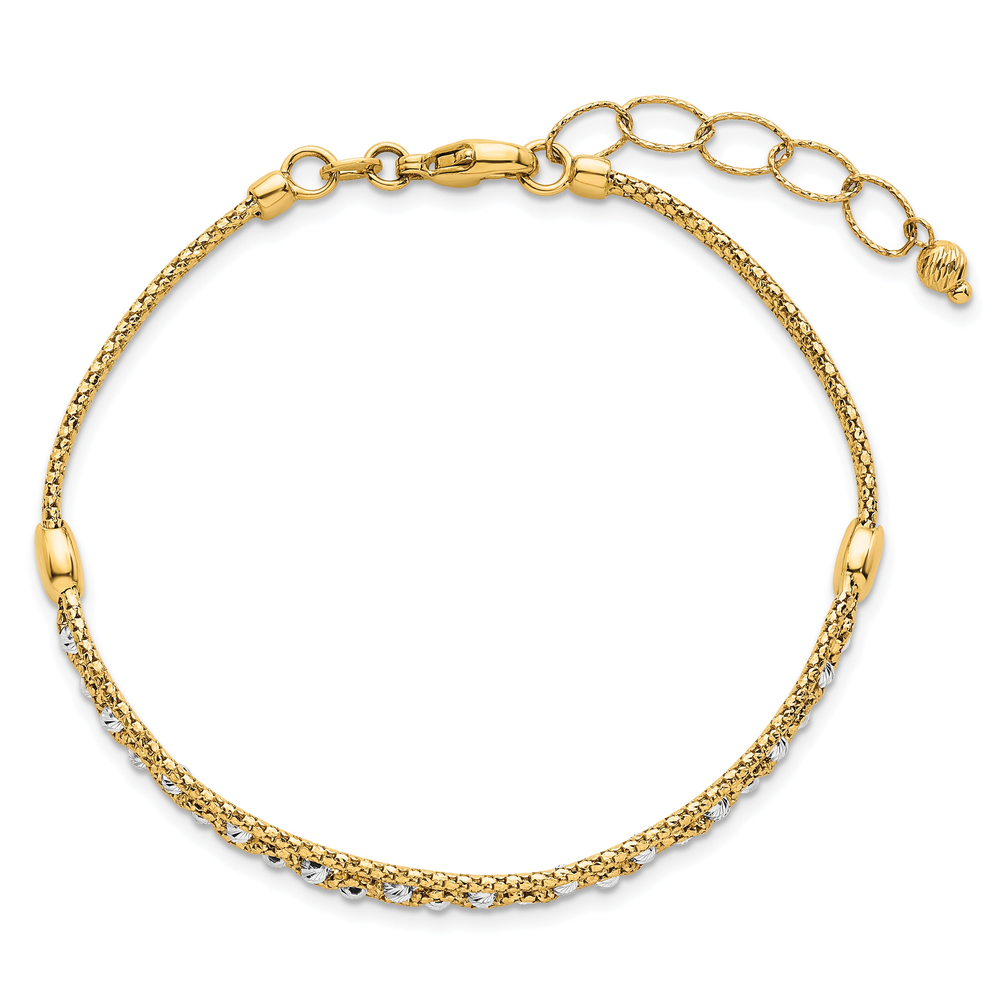 14k Two-Tone Textured Diamond-cut 7mm Beaded 7.5 inch Bracelet Plus 1 inch Extender