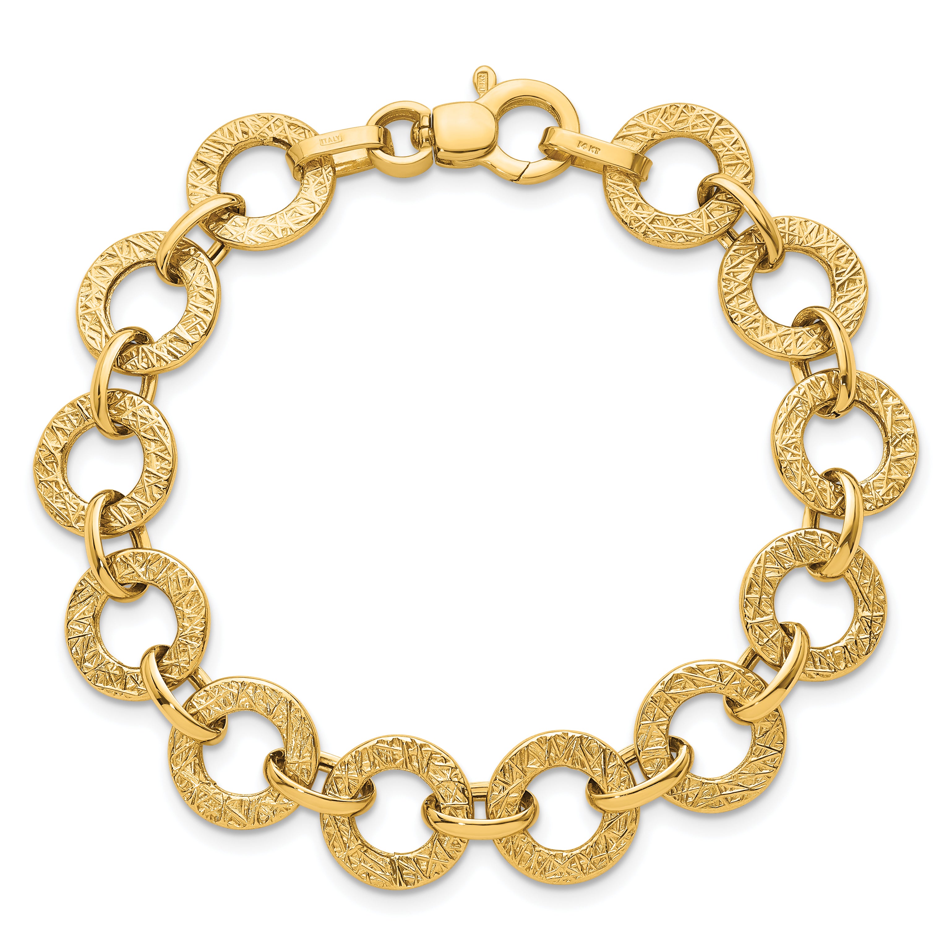14K Polished and Textured 12mm Fancy Round Link 7 inch Bracelet